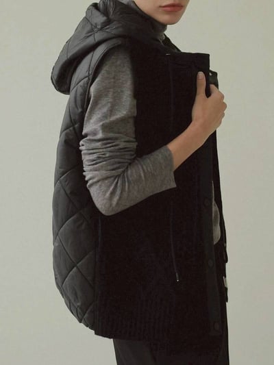 【SALE商品】菱格紋針織拼接鋪棉連帽背心*4色 KB912509013