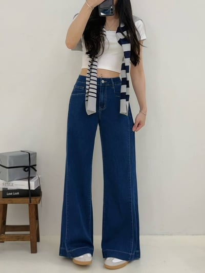 造型口袋簡接激瘦彈力落地喇叭牛仔褲*2色 K740032