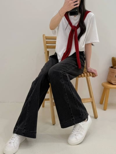 造型口袋簡接激瘦彈力落地喇叭牛仔褲*2色 K740037