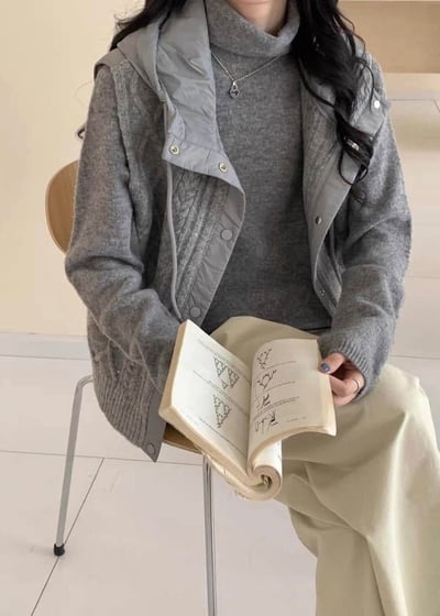 【SALE商品】菱格紋針織拼接鋪棉連帽背心*4色 KB912509010