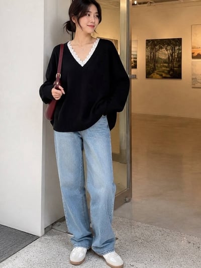 蕾絲V領寬鬆針織上衣 *3色 B119498