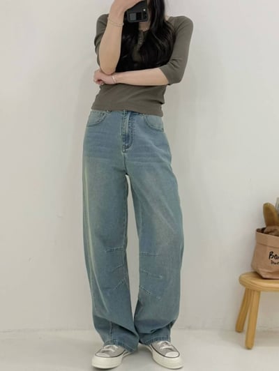 特殊復古洗彈力牛仔剪裁彎刀褲*2色 K740041