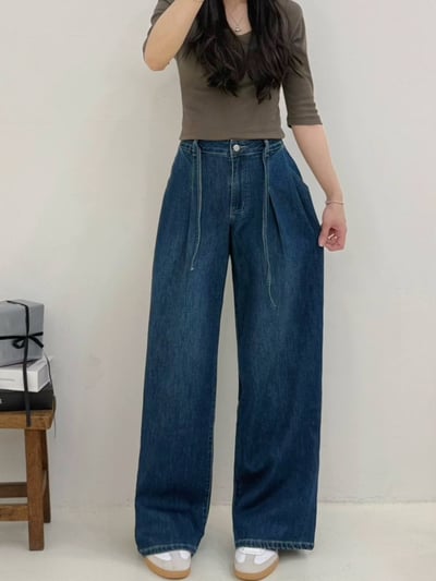 前釦拉鍊腰穿繩打摺牛仔寬褲*1色 K740074