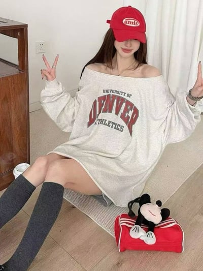 美式字母斜肩寬鬆毛圈衛衣*4色B79114