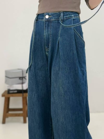 前釦拉鍊腰穿繩打摺牛仔寬褲*1色 K740075