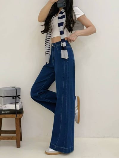 造型口袋簡接激瘦彈力落地喇叭牛仔褲*2色 K740037