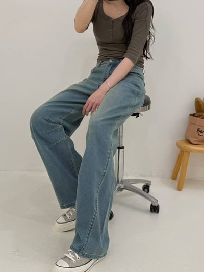 特殊復古洗彈力牛仔剪裁彎刀褲*2色 K740047