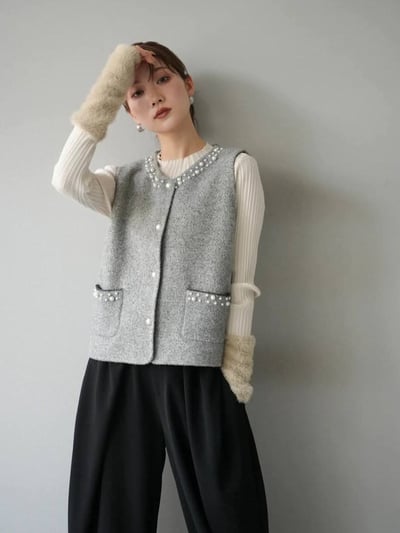 【SALE商品】毛呢針織釘珠背心*2色 KR09550853