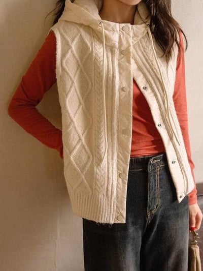【SALE商品】菱格紋針織拼接鋪棉連帽背心*4色 KB91250907