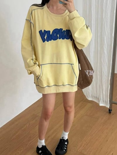 棉麻拼接撞色大學T*3色B77935