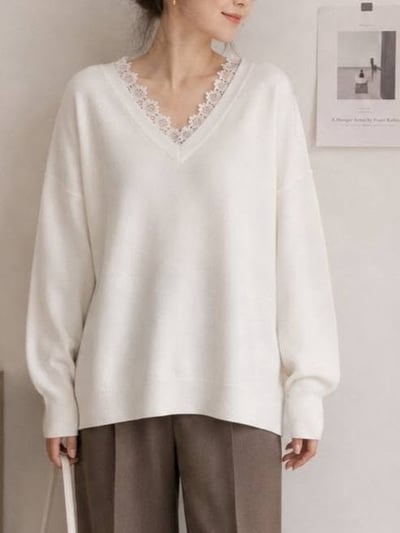蕾絲V領寬鬆針織上衣 *3色 B119499
