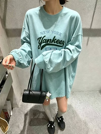 美式復古紐約字母刺繡寬鬆長版大T *4色 B1265305