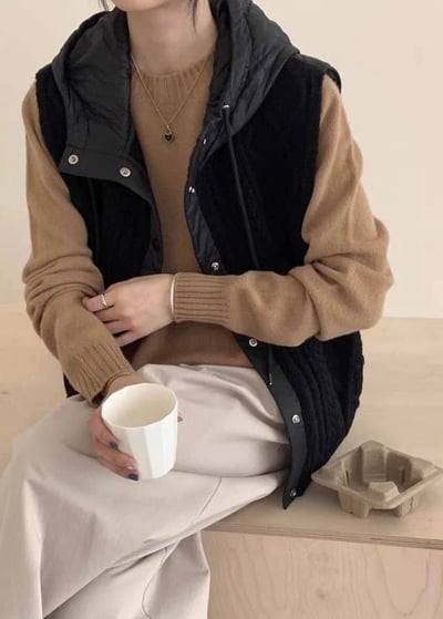 【SALE商品】菱格紋針織拼接鋪棉連帽背心*4色 KB912509015