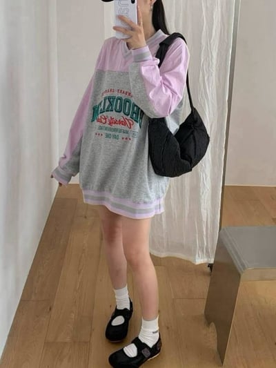 棉麻拼接撞色大學t*2色B79113