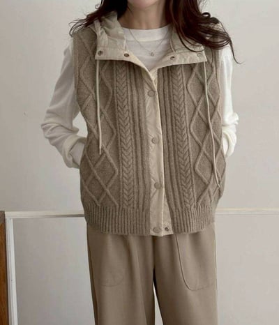 【SALE商品】菱格紋針織拼接鋪棉連帽背心*4色 KB91250906