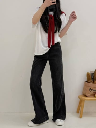 造型口袋簡接激瘦彈力落地喇叭牛仔褲*2色 K740033