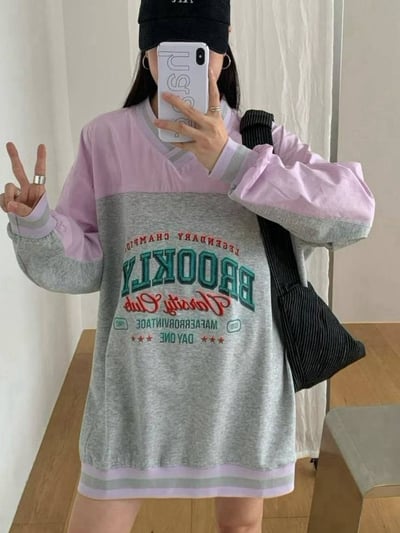 棉麻拼接撞色大學t*2色B79111