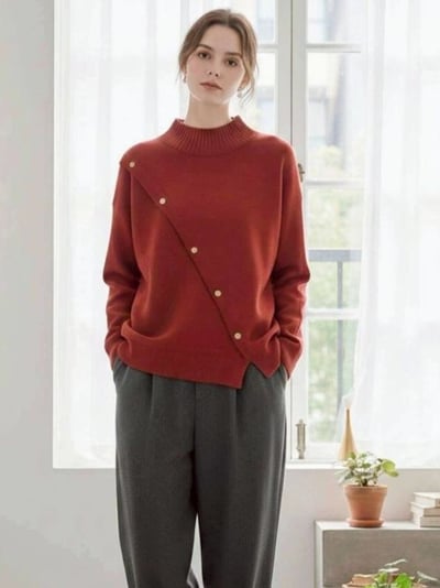 【SALE商品】斜邊金釦高領針織上衣*4色 K988596