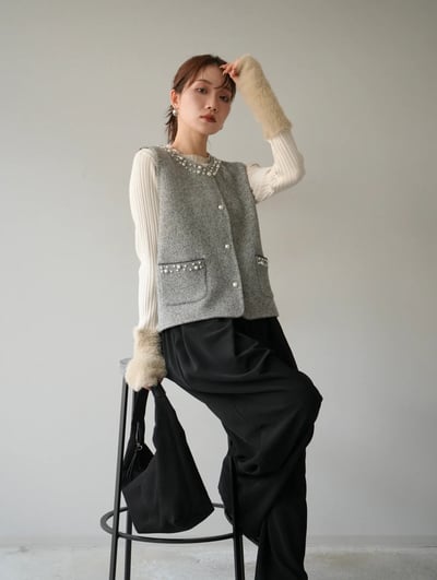 【SALE商品】毛呢針織釘珠背心*2色 KR09550854