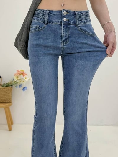 雙釦編織腰角口不規則剪裁喇叭牛仔褲*1色 K740036