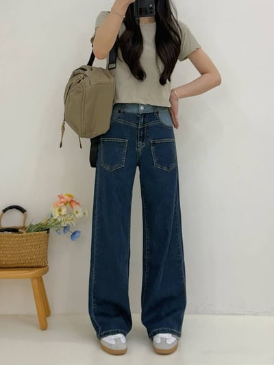 撞色假雙層褲頭復古彈力牛仔寬褲*1色 K740092