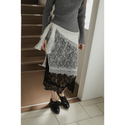【 tento 】Lace Layered Skirt｜緞面蕾絲拼接長裙1