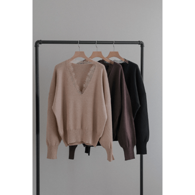 【 tento 】Lace-Trim V-Neck Knit Sweater｜蕾絲V領針織毛衣12