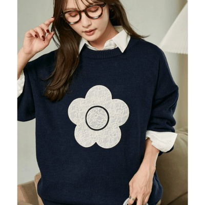 【 MARY QUANT × PUBLUX 】別注蕾絲雛菊拼接寬鬆針織1