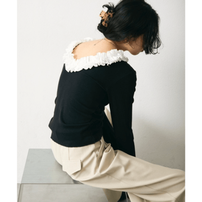 【 Lutim by u 】附罩杯荷葉邊露肩羅紋上衣3