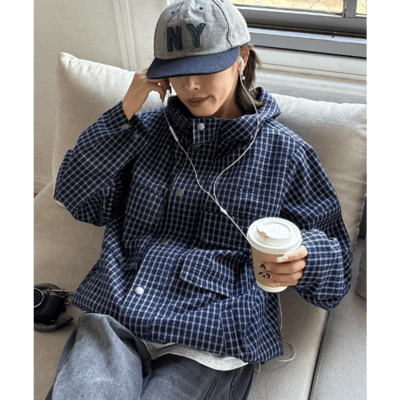 【UNISEX】格紋連帽襯衫外套1