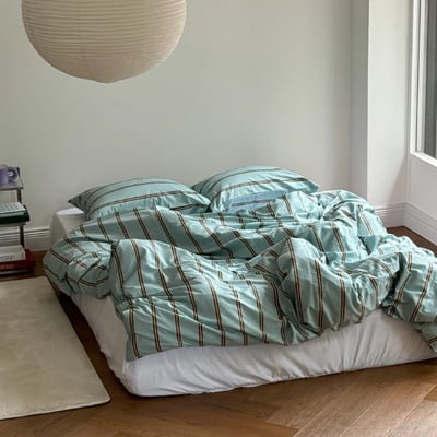 【 ART OF BLACK 】薄荷橘交織．質感粗細條紋床包被套組3