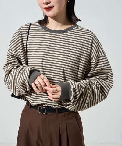 【 FREAK'S STORE 】撞色細條紋 Oversize 長袖T恤2