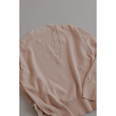【 tento 】Lace-Trim V-Neck Knit Sweater｜蕾絲V領針織毛衣17