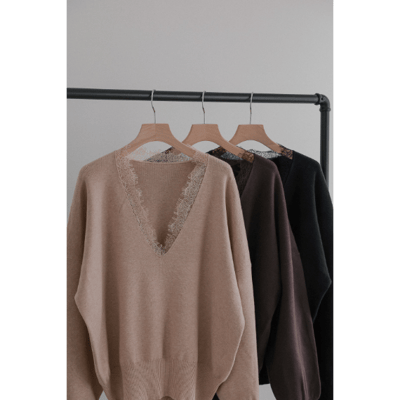 【 tento 】Lace-Trim V-Neck Knit Sweater｜蕾絲V領針織毛衣13