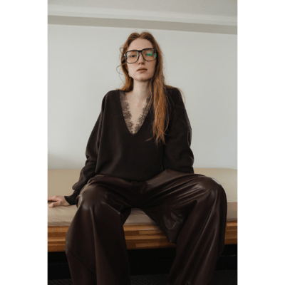 【 tento 】Lace-Trim V-Neck Knit Sweater｜蕾絲V領針織毛衣2