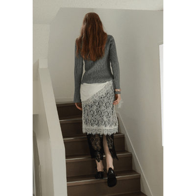 【 tento 】Lace Layered Skirt｜緞面蕾絲拼接長裙3