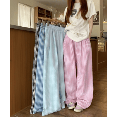 高腰薄手格紋寬褲1