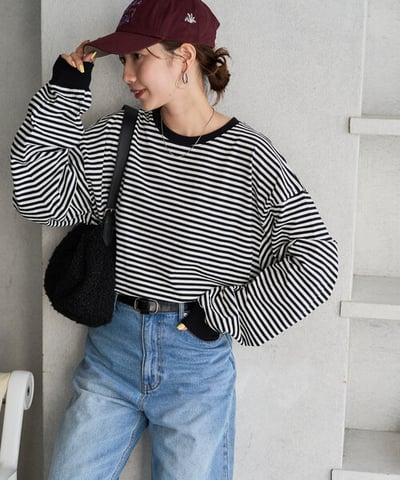 【 FREAK'S STORE 】撞色細條紋 Oversize 長袖T恤10
