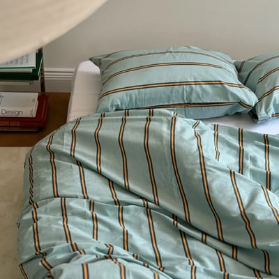 【 ART OF BLACK 】薄荷橘交織．質感粗細條紋床包被套組6