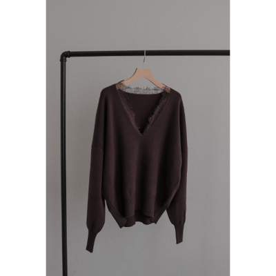 【 tento 】Lace-Trim V-Neck Knit Sweater｜蕾絲V領針織毛衣14