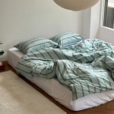 【 ART OF BLACK 】薄荷橘交織．質感粗細條紋床包被套組1