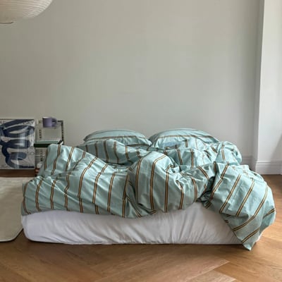 【 ART OF BLACK 】薄荷橘交織．質感粗細條紋床包被套組2