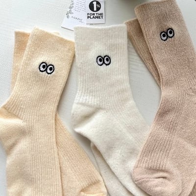 【韓國直送】混羊毛大眼睛刺繡毛呢中筒襪2