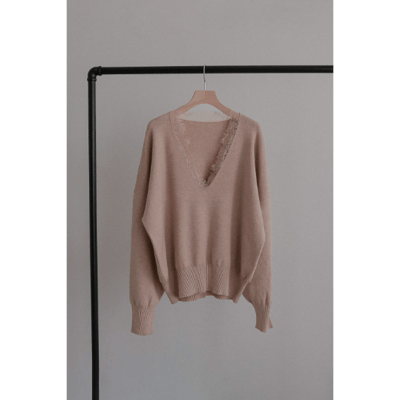【 tento 】Lace-Trim V-Neck Knit Sweater｜蕾絲V領針織毛衣16