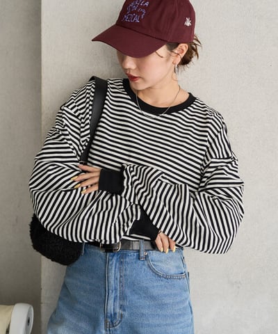 【 FREAK'S STORE 】撞色細條紋 Oversize 長袖T恤6
