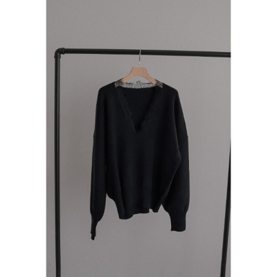 【 tento 】Lace-Trim V-Neck Knit Sweater｜蕾絲V領針織毛衣15