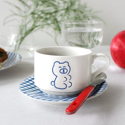 韓國 ooh la la 1537 ｜藍色格紋熊熊咖啡杯 set3