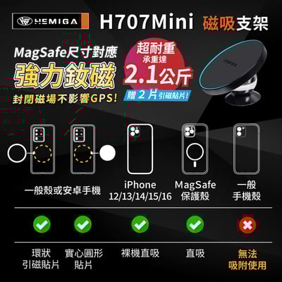 HEMIGA 車用迷你磁吸支架 H707Mini 磁吸手機架 相容magsafe尺寸 車用 通用型7
