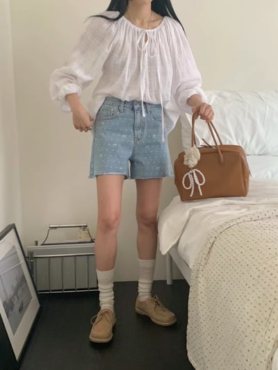 A11 不修邊蝴蝶結牛仔短褲S/M/L4