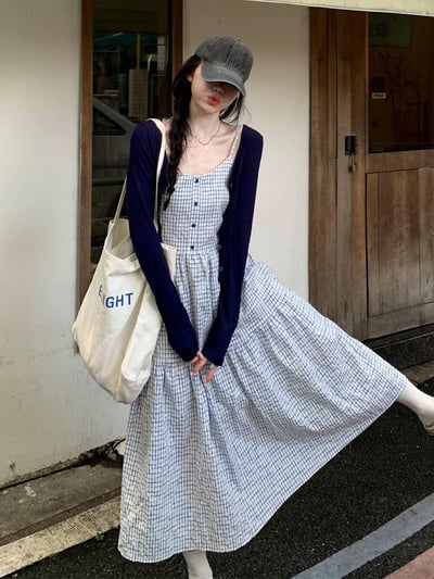 Gz81 藍格紋收腰連身裙+外套1